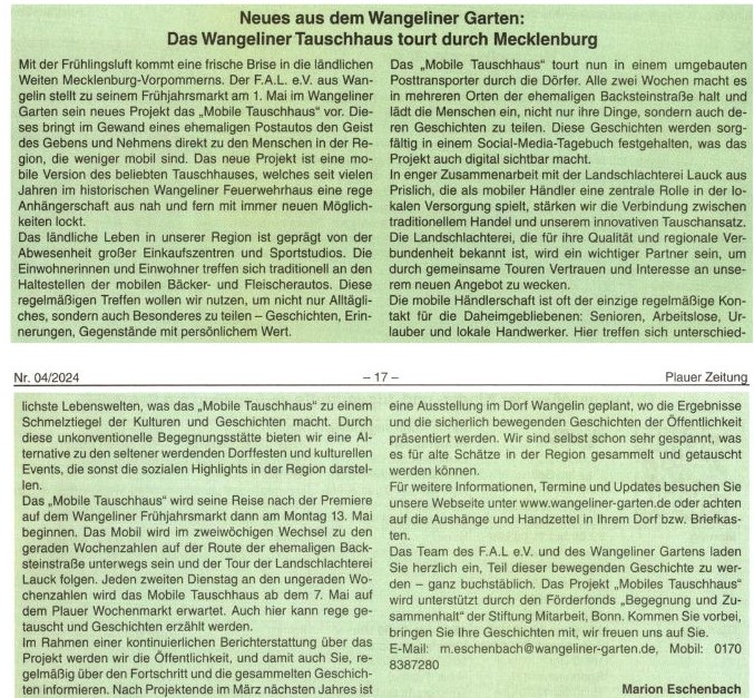 Presseartikel über das TauschHausMobil in der Plauer Zeitung, April 2024