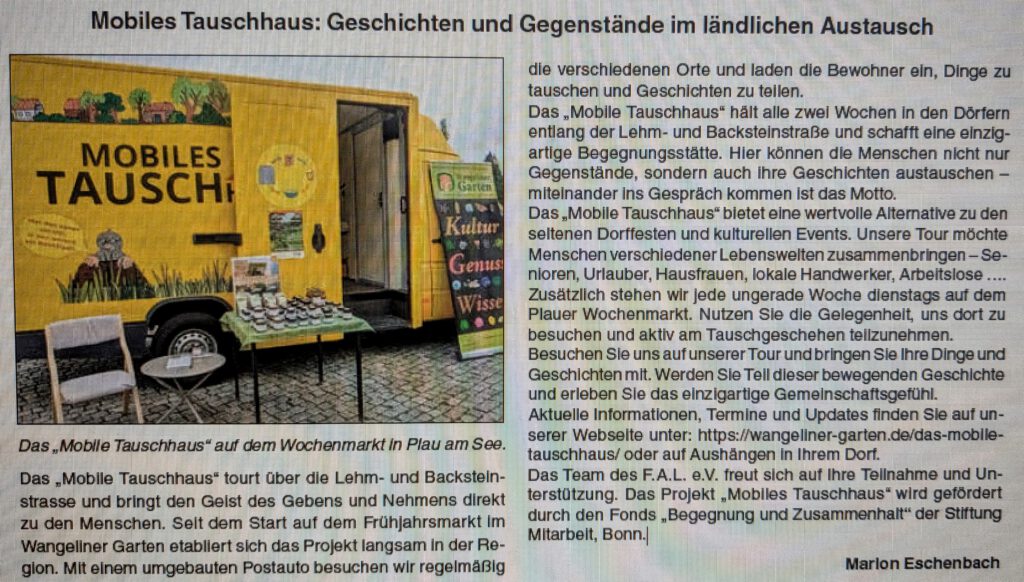 Presseartikel über das TauschHausMobil in der Plauer Zeitung, Juli 2024